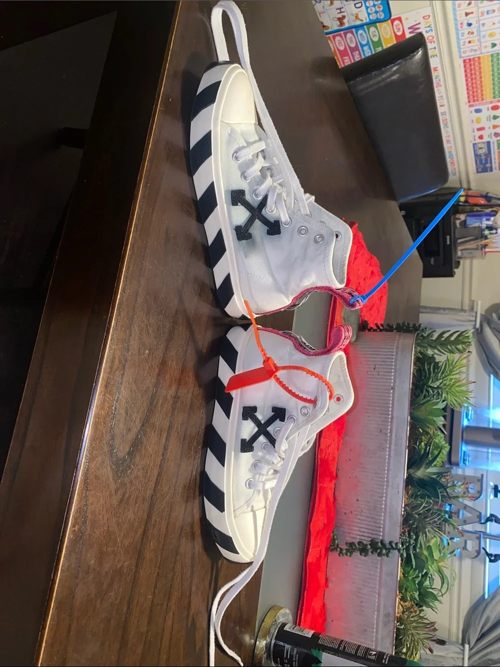 Off-White White and Black Canvas High-Top Sneakers with Orange Tag